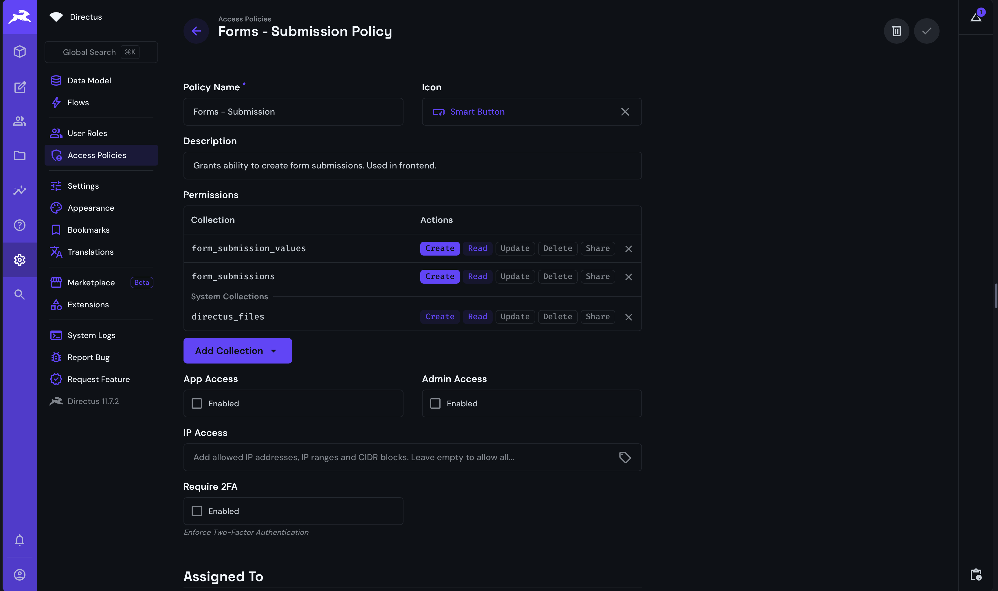 Directus form submission role