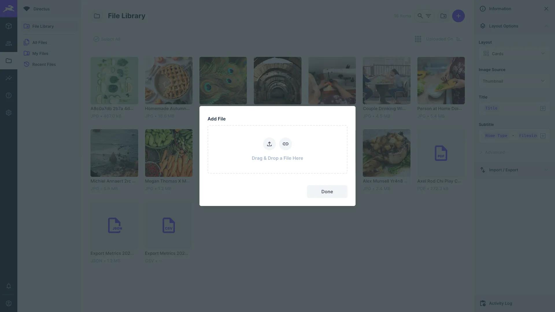 The popup that appears when clicking on the upload button.